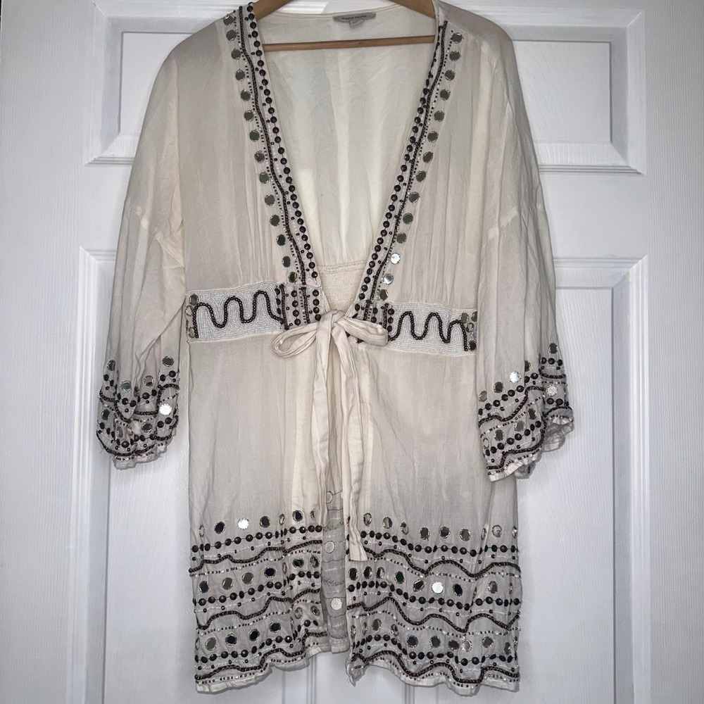 Boston Proper Mirror tie front cardigan white made in India size medium